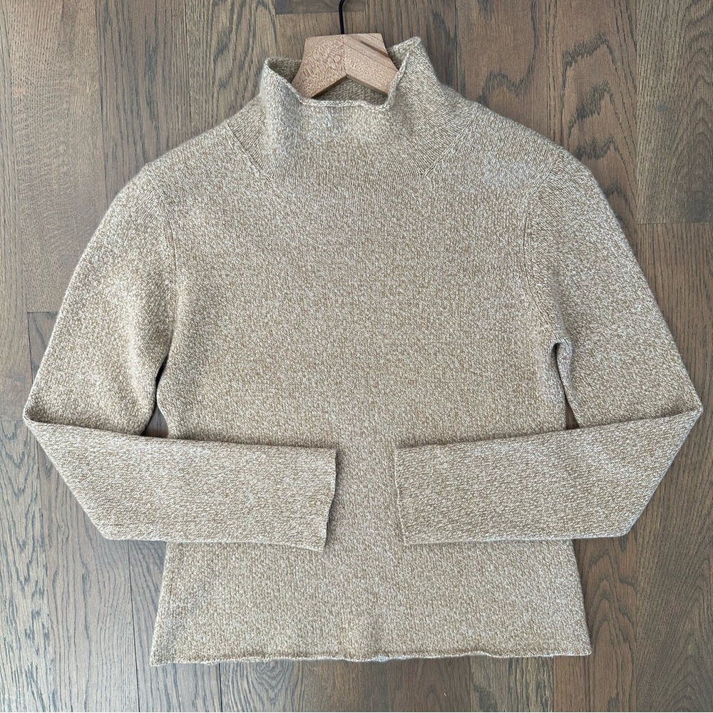 TSE 100% Cashmere Classic Knit Funnel Neck Sweater Tan and White Melange Small - Picture 2 of 8